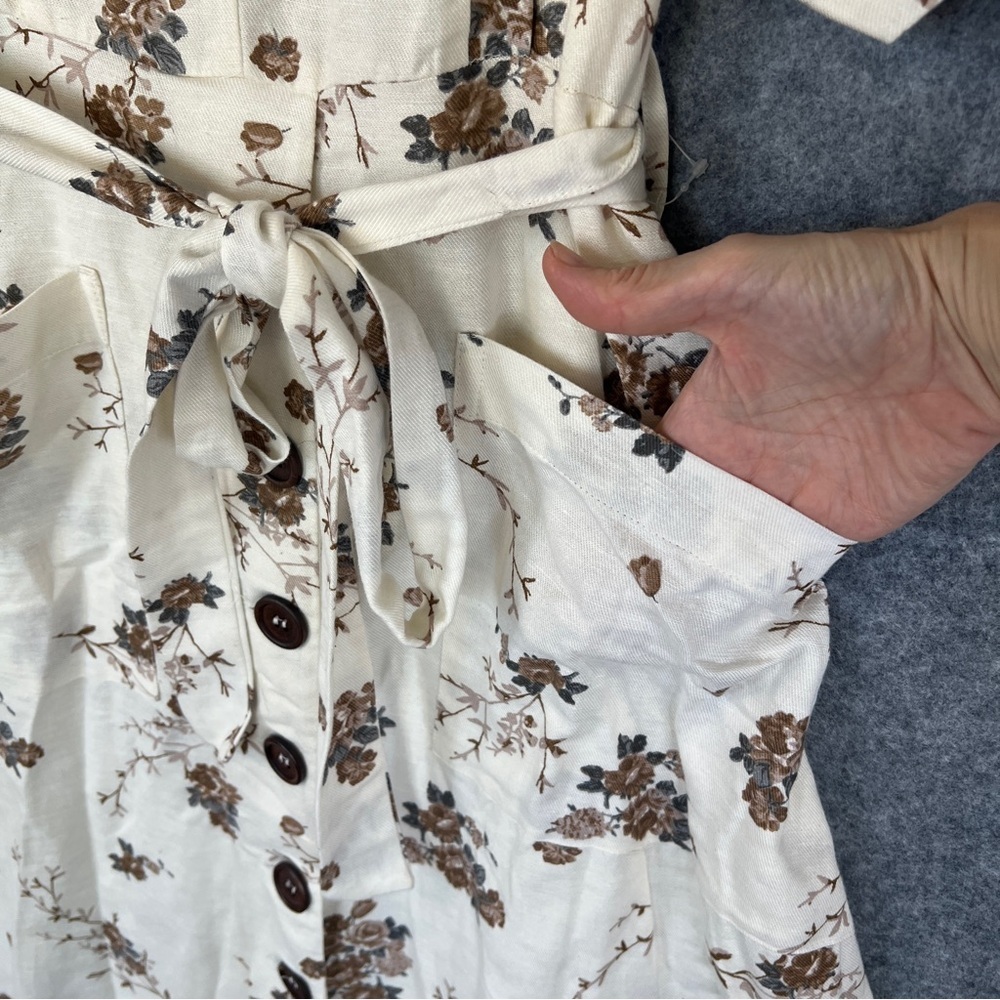 MNG CASUAL Floral Shirt Dress Button Skirt Belted Cream Brown Size 8 NWT - Picture 4 of 9
